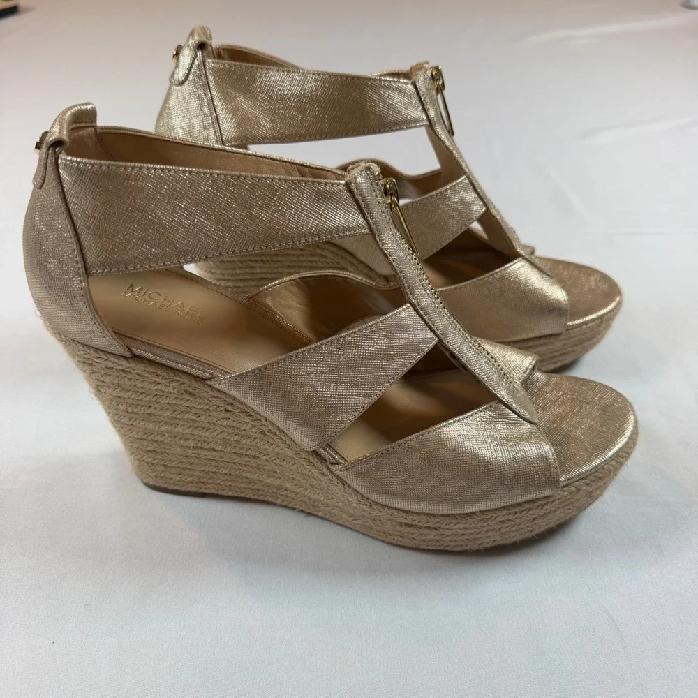 Michael Kors Gold Danita Metallic Leather Front Zip Espadrille Wedge Sandals 10M